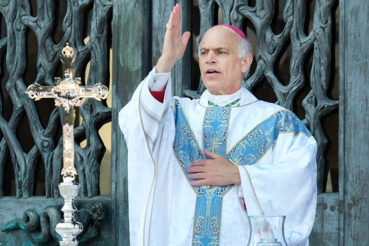 Archbishop Salvatore Cordileone celebrates Mass on the Cathedral Plaza in San Francisco on Aug. 22.