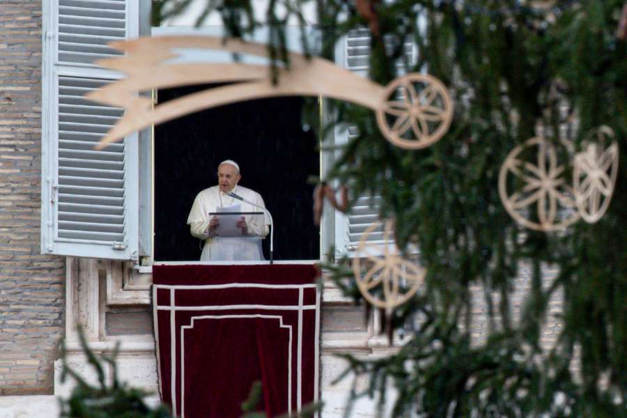 Pope Francis delivers an Angelus address overlooking St. Peter’s Square.