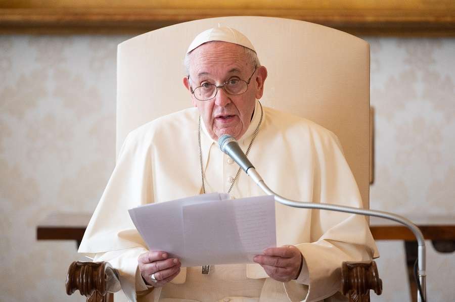 Pope Francis gives the general audience address in the Apostolic Library on Nov. 25, 2020.