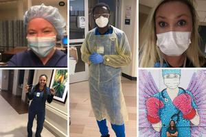 Clockwise from top left: Lisa Cooper, Isaac Kissi, Jennifer O’Neill, Shaye Evers and  Aliyah Hofman are on the front lines of the pandemic.