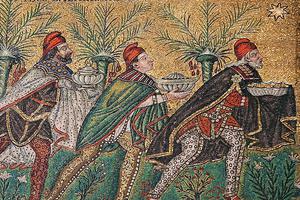 Byzantine depiction of the Magi in a sixth-century mosaic at the Basilica of Sant’Apollinare Nuovo in Ravenna, Italy.