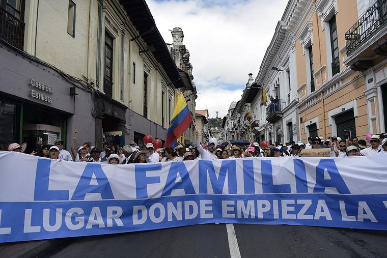 People demonstrate against same-sex marriage in Quito, Ecuador, on June 29, 2019. Ecuador's highest court approved same-sex marriage in a landmark ruling last June 12 in the traditionally Catholic nation.
RODRIGO BUENDIA