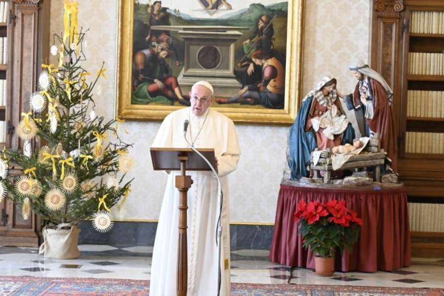 Pope Francis delivers his Angelus address in the library of the Apostolic Palace Dec. 27, 2020.
