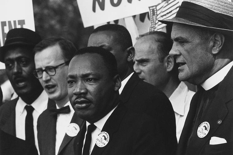 Martin Luther King Jr. during the 1963 March on Washington for Jobs and Freedom, during which he delivered his historic "I Have a Dream" speech, calling for an end to racism.