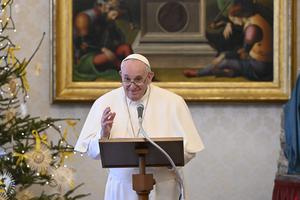 Pope Francis delivers his Angelus address in the library of the Apostolic Palace Jan. 6, 2021.