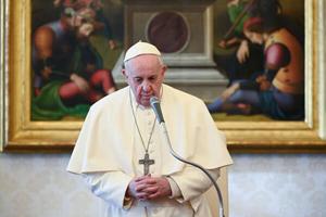 Pope Francis at his general audience address in the library of the Apostolic Palace Jan. 27, 2021.