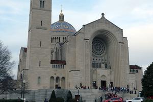People gather at the Basilica of the National Shrine of the Immaculate Conception before the Mass for Life on Jan. 23, 2020.
