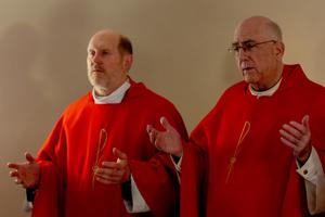Bishop Thomas Robert Zinkula of Davenport, Iowa, left, and Archbishop Joseph Naumann of Kansas City, Kansas, joined members of the U.S. Conference of Catholic Bishops' Region IX to celebrate Mass together in the grotto of St. Peter's Basilica on Jan. 16, 2020. Archbishop Naumann and Bishop David Malloy of Rockford, Illinois, issued a statement critical of the repeal of the Mexico City Policy by President Joe Biden on Jan. 28.