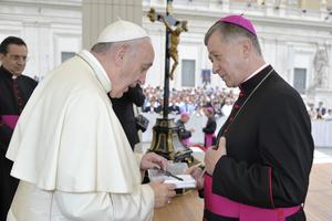 Pope Francis with Archbishop Blase Cupich of Chicago, IL in St. Peter's Square during the Wednesday general audience on September 2, 2015.