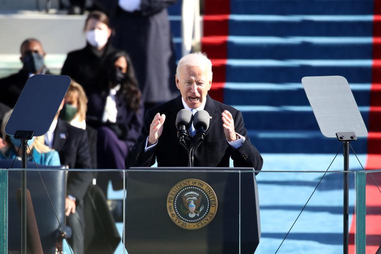 President Joe Biden delivers his inaugural address on the West Front of the U.S. Capitol on January 20, 2021 in Washington, DC. During today's inauguration ceremony Joe Biden becomes the 46th president of the United States.