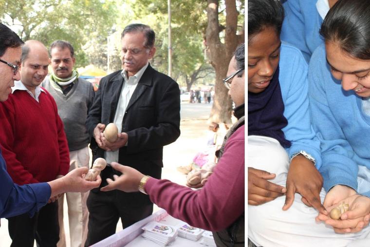 Above, Sunny Kattukaran of V4L (‘We for Life’) explains the dangers of abortion at a street exhibition in New Delhi in 2014. The exhibit included models of unborn babies, shown in detail at right. Such outreach is meant to share the dignity of life amid formal or informal policies targeting population control.