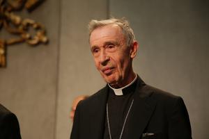 Monsignor Luis Francisco Ladaria Ferrer at a briefing on Pope Francis' new Motu Proprio on the reform of canonical procedure for marriage annulment at the Vatican Press Office on September 8, 2015.