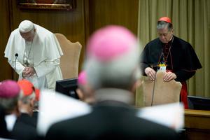 Pope Francis and Archbishop of Chicago Cardinal Blase Joseph Cupich (R) attend a session of  'The Protection Of Minors In The Church' meeting at the Synod Hall on February 23, 2019 in Vatican City, Vatican.