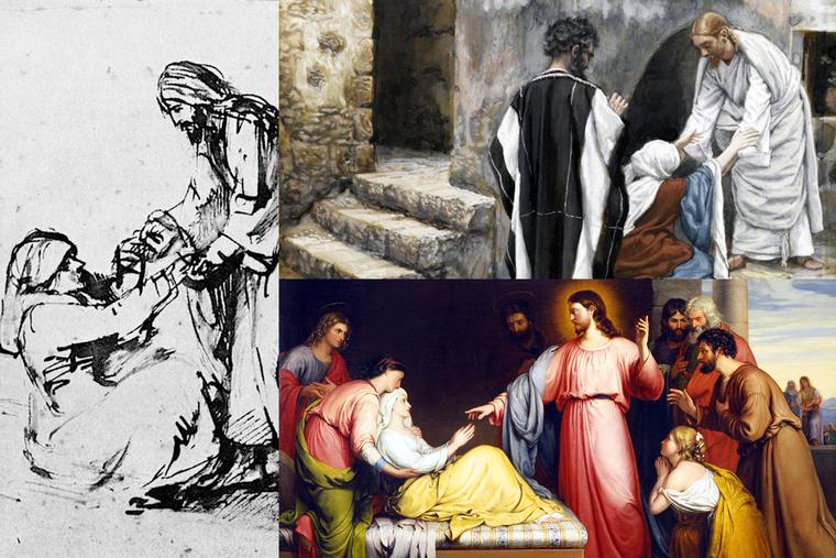 “The Healing of Peter’s Mother-in-Law” by Rembrandt (left), Tissot (upper right) and Bridges (lower right)