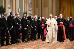 Pope Francis meets with the diplomats accredited to the Holy See at the Vatican's Hall of Blessing Feb. 8, 2021.