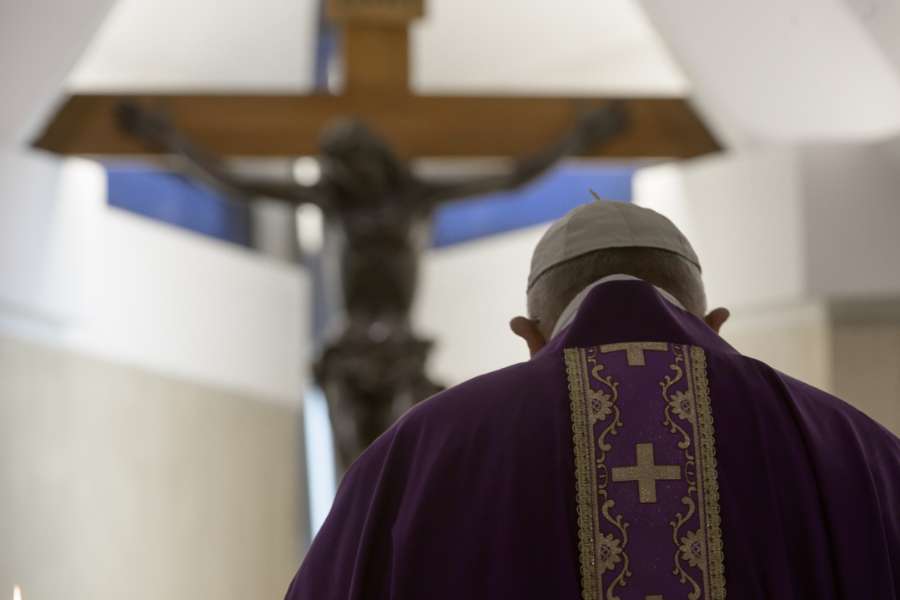 Pope Francis celebrates Mass in the chapel of the Casa Santa Marta April 4, 2020.