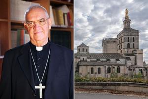 Retiring Archbishop Jean-Pierre Cattenoz (l) led the Archdiocese of Avignon, whose cathedral and Pope’s Palace are shown, for almost 20 years.