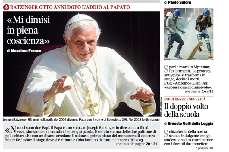 Screenshots of the Italian newspaper Corriere Della Sera featuring Pope Benedict XVI in a new interview Feb. 28. 2021.