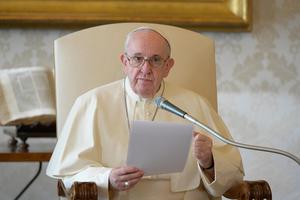 Pope Francis during his Wednesday general audience from the library of the Vatican's Apostolic Palace, Nov. 11, 2020.