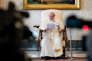 Pope Francis holds his weekly General Audience in the Library of the Vatican's Apostolic Palace on March 3rd, 2021.