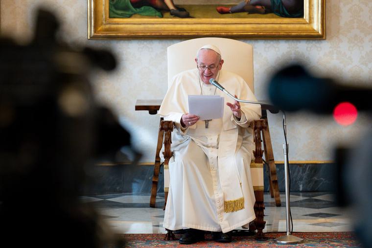 Pope Francis holds his weekly General Audience in the Library of the Vatican's Apostolic Palace on March 3rd, 2021.