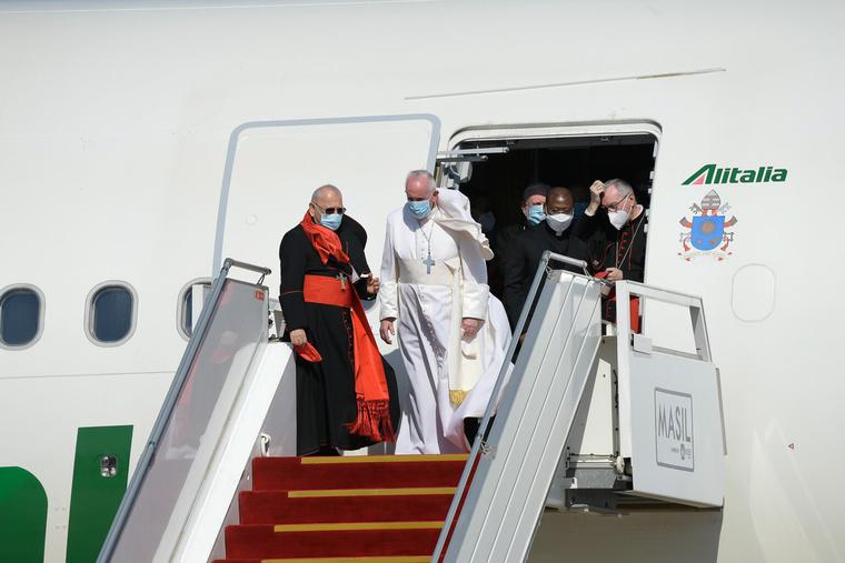 Pope Francis arrives and is welcomed at Baghdad International Airport, making it the first time a pope visits the country of Iraq, on March 5th, 2021.