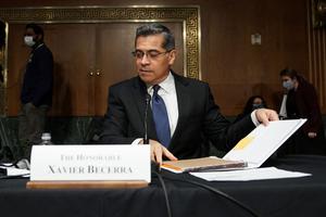 Xavier Becerra, nominee for Secretary of Health and Human Services, is seen at the start of a break at his Senate Finance Committee nomination hearing on February 24, 2021 at Capitol Hill in Washington, DC.