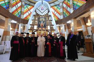 Pope Francis meets with Bishops, Priests, Religious, Seminarians and Catechists in the Syriac Catholic Cathedral of Our Lady of Salvation on March 5th, 2021.