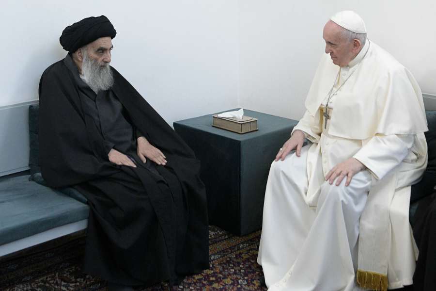 Pope Francis meets Grand Ayatollah Ali al-Sistani in Najaf, Iraq, March 6, 2021.