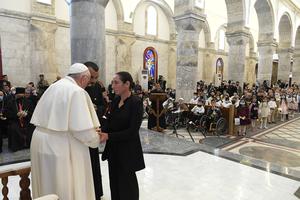 Pope Francis visits the Syriac Catholic Church of the Immaculate Conception in Qaraqosh on March 7th, 2021.