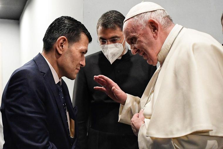 Pope Francis meets the father of drowned boy Alan Kurdi in Erbil, Iraq, March 7, 2021