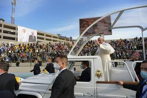 Pope Francis celebrates Holy Mass at the Franso Hariri Stadium in Erbil on March 7th, 2021.