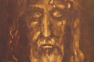 This painting by an unknown artist of the 20th century shows the suffering face from the Shroud of Turin, which is housed in the Chiesa di San Giuseppe in Turin, Italy.