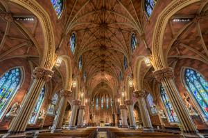 Stained glass windows and ceiling inside the historic Cathedral of the Immaculate Conception on Eagle Street in Albany.