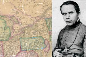St. John Neumann against an 1854 map of the U.S.
