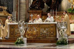 Pope Francis offers the Chrism Mass in St. Peter's Basilica on April 1, 2021.