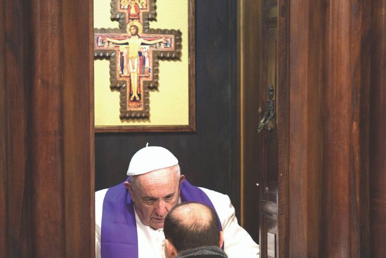 Pope Francis hears confessions for clergy from the Diocese of Rome at the Basilica of St. John Lateran on Feb. 15, 2018. The Pope reminds the faithful that ‘God’s greatest joy is forgiving.’