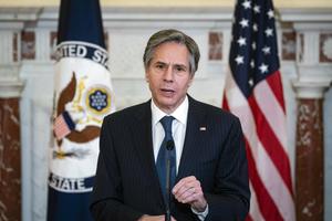 Secretary of State Antony Blinken speaks about U.S. leadership in fighting the coronavirus pandemic at the State Department in Washington, Monday, April 5, 2021.