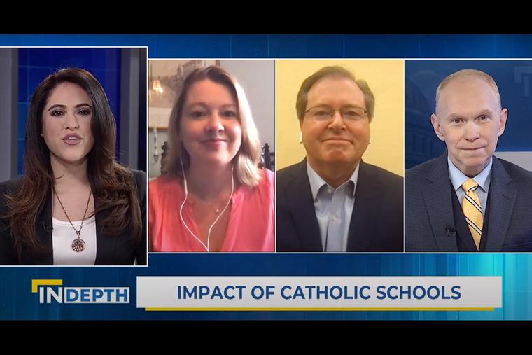 Panelists discuss Catholic schools on EWTN News In Depth, April 9, 2021. From left to right: Montse Alvarado, Ashley McGuire, Thomas Carroll and Matthew Bunson