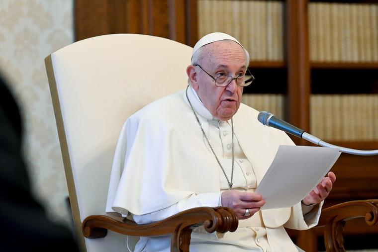 Pope Francis gives a general audience address in the library of the Apostolic Palace Feb. 3, 2021.