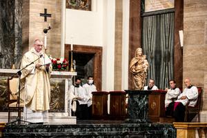 Cardinal Pietro Parolin, Secretary of State for the Holy See, ordained 29 priests of the Prelature of Opus Dei inside the Basilica of Sant'Eugenio in Rome, Sept. 5, 2020.