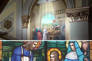 Stained-glass windows present the saint’s life and attributes, as do murals.