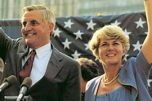 U.S. presidential candidate Walter Mondale and vice-presidential candidate Geraldine Ferraro campaign at a political rally in Fort Lauderdale, Florida, April 27, 1984.