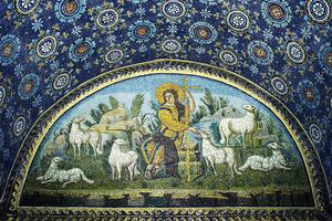 “The Good Shepherd” mosaic, 5th century, Mausoleum of Galla Placidia, Ravenna, Italy.