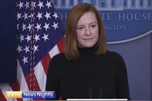 White House press secretary listens to a question from EWTN News Nightly's Owen Jensen during a White House press briefing.