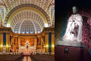 LEFT: The Basilica of Our Lady of Sorrows in Chicago is the location of the National Shrine of St. Peregrine. RIGHT: Statue in the Peregrine Chapel of the Serra Chapel in Mission San Juan Capistrano [Photo by Mark Steven Brown].