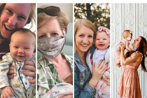 L to R:  First-time mother Maria Hilger smiles along with her son, Isaiah; Emily Stimpson Chapman holds her son, Becket;  Hayley Miller expresses joy with her daughter, Sophia; and Dr. Kasia Kohler and her daughter, Emma, share a special moment.