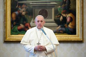 Pope Francis recorded and broadcast the Wednesday general audience from the library of the Vatican's Apostolic Palace, without a public audience amid a rising number of coronavirus cases in Italy, on Nov. 4, 2020.