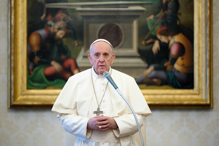 Pope Francis recorded and broadcast the Wednesday general audience from the library of the Vatican's Apostolic Palace, without a public audience amid a rising number of coronavirus cases in Italy, on Nov. 4, 2020.