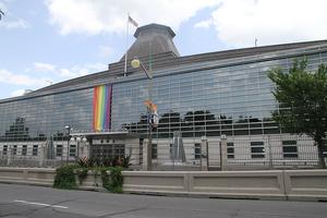 US embassy in Ottawa showcasing a rainbow flag.